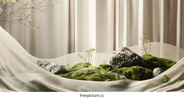 Minimalist Still Life with Rocks, Moss, and Fabric
