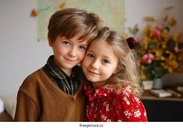 Two Children Embrace Affectionately