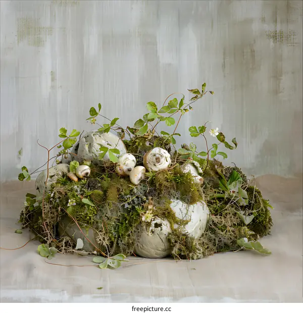 Green Mossy Stone with White Flowers