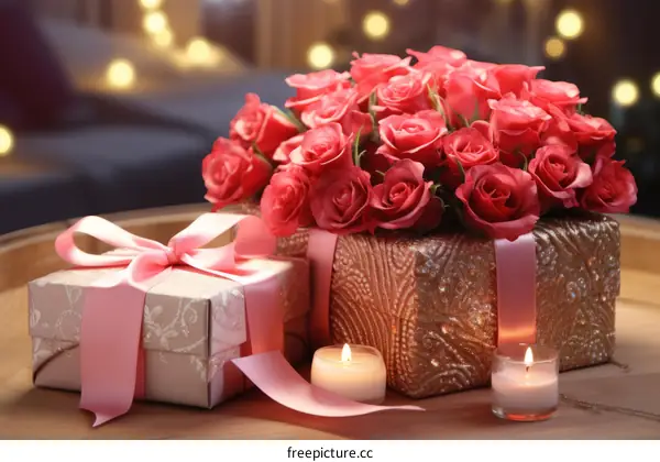Pink roses bouquet and a present with a pink ribbon
