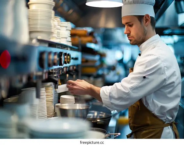 Young male chef making coffee in commercial kitchen
