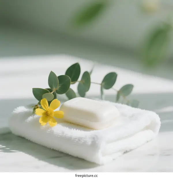 White Soap Bar on Folded Towel with Green Eucalyptus Leaves