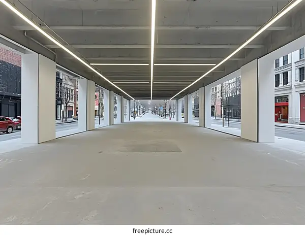 Empty Urban Street View with White Walls and Overhead Lighting