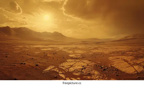 A barren desert landscape with a large sun in the sky