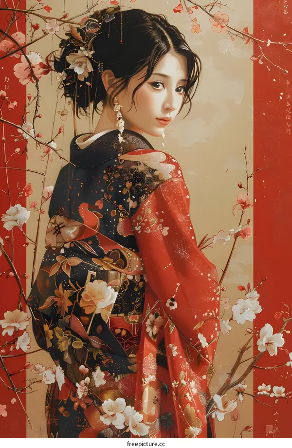 Japanese Woman in Traditional Kimono with Cherry Blossoms