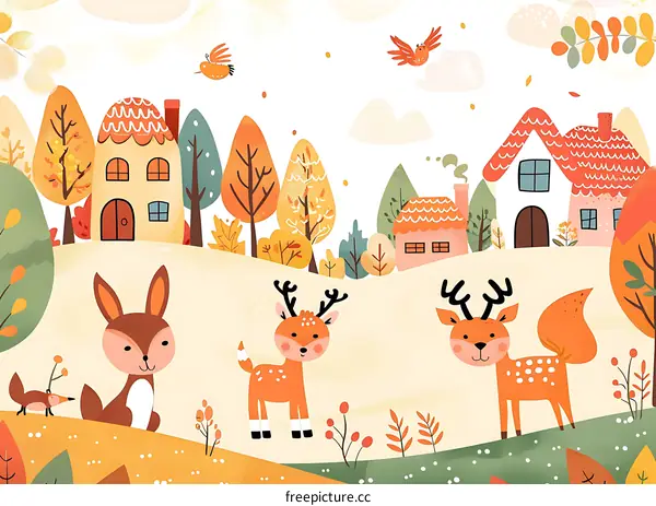 Cute Autumn Animals and Village Illustration