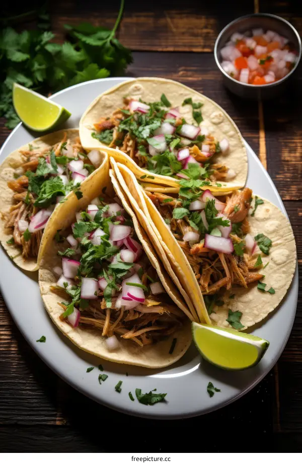 A plate of three Mexican tacos with pork, salsa, and lime wedges