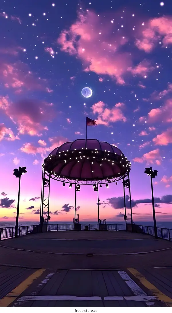 Pink Sunset Sky with Stars and Moon Over a Gazebo