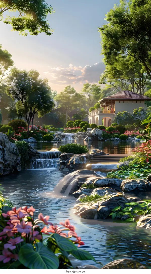 A house located in the mountains next to a lake surrounded by trees and flowers with a river flowing through the property.