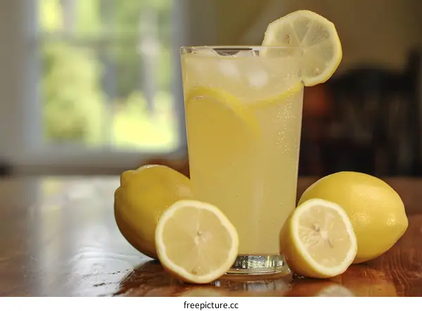 Glass of Lemonade with Lemon Slices on a Table