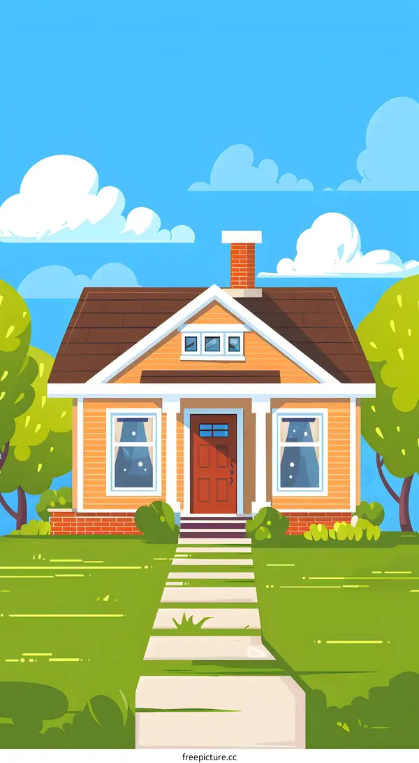 Cute House Illustration with Green Grass and Blue Sky