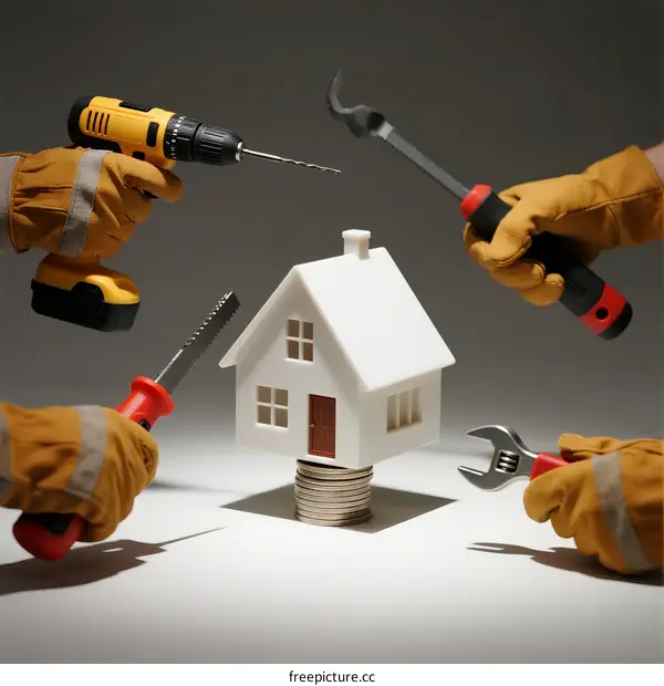 Hands with tools around a small model house indicating home repair or renovation