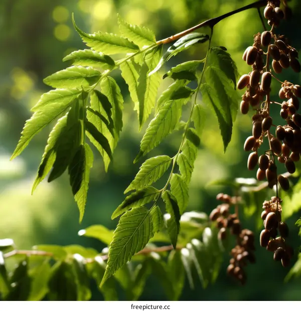 Close-up of green leaves and brown seeds of a tree