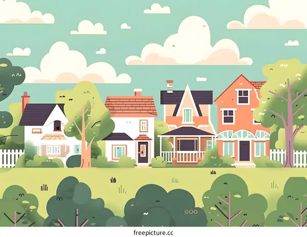 Cute Cartoon Illustration of Suburban Homes in Green Landscape