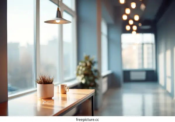 Modern Office Interior with Natural Light and Warm Lighting