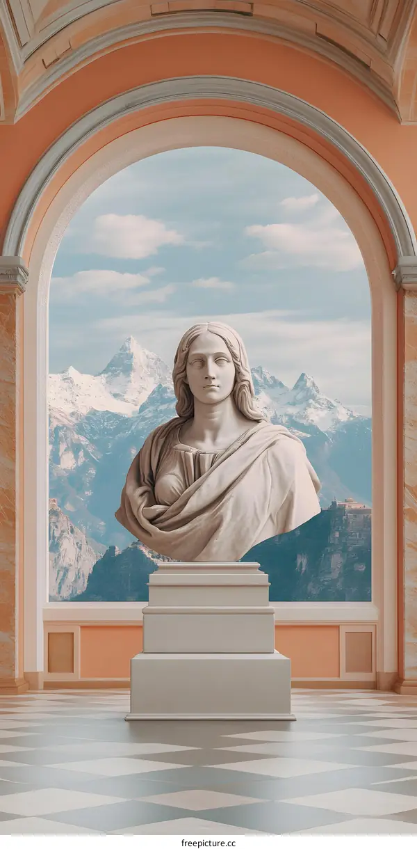 Stone Bust of Woman in Archway With Mountain View