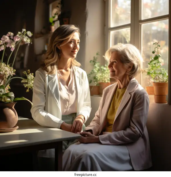 An elderly woman and a young woman are sitting at a table and talking