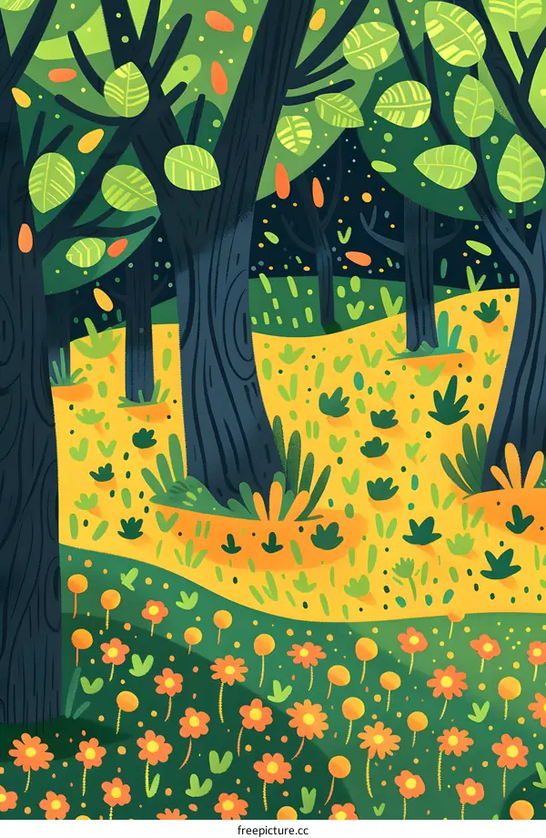 Forest Illustration with Green Trees and Yellow Flowers