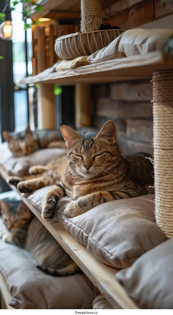 A tabby cat sleeping on a shelf in a cat cafe