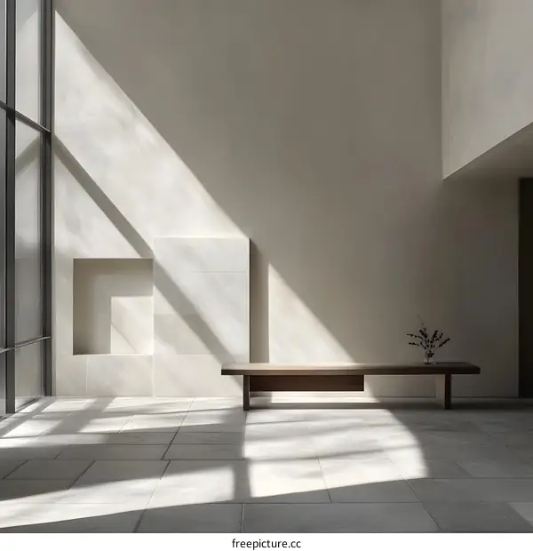 Minimalist Interior Design with Wooden Bench and Sunlight