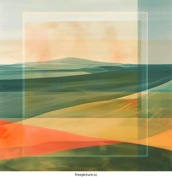 Abstract Landscape Painting with Layered Hills and Green and Orange Colors