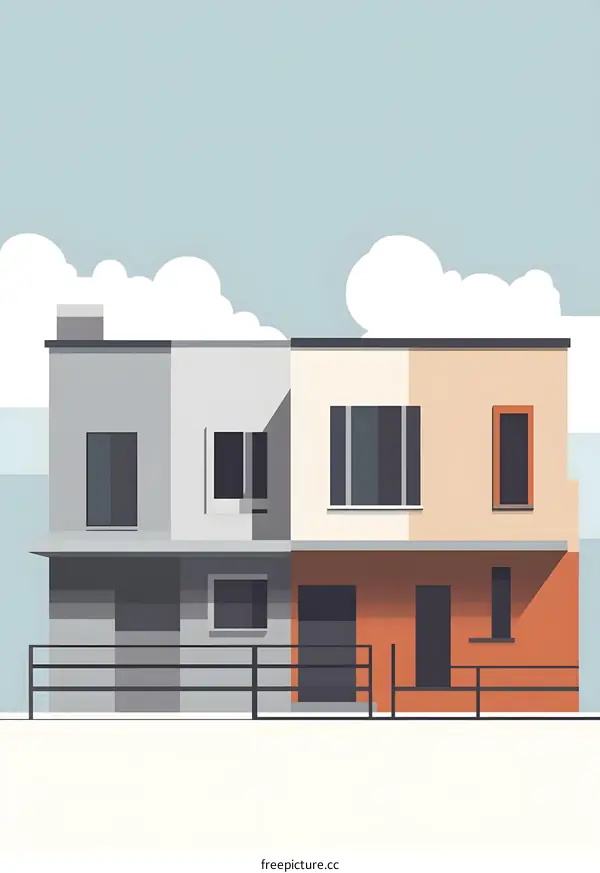 Modern House with Fence and Clouds