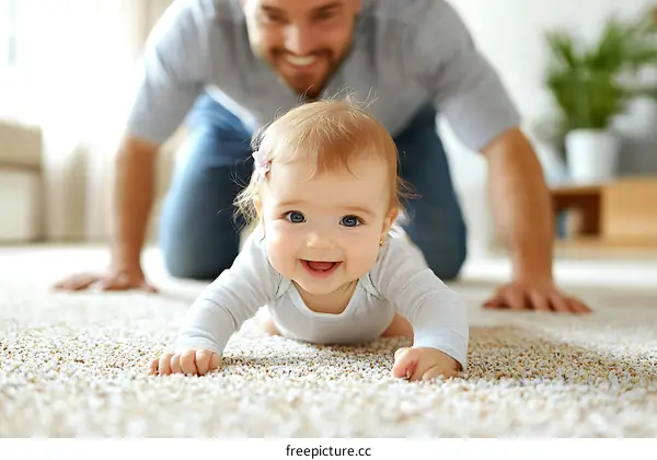 Father and Baby Girl Crawling on Carpet