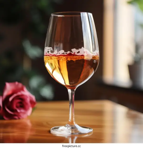 Close-up of a glass of white wine with a red rose on the table