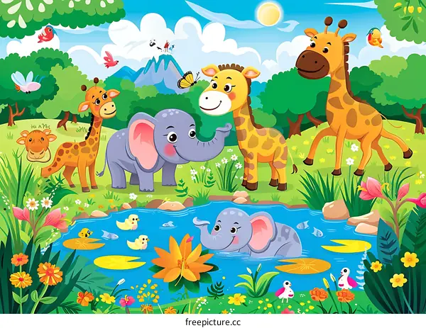 Cute Cartoon Animals in a Jungle Illustration