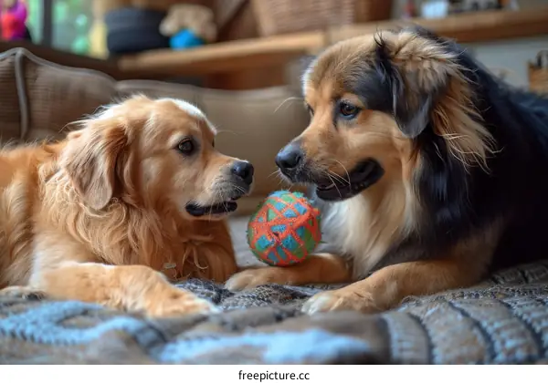 Two dogs are lying on the bed and looking at each other
