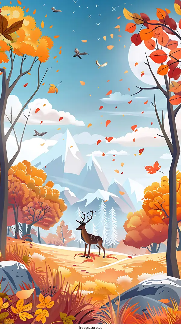Autumn Forest Landscape with Deer and Mountain