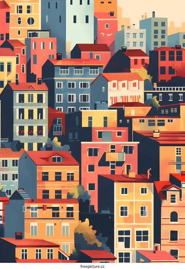 Colorful Illustration of European Cityscape with One Person