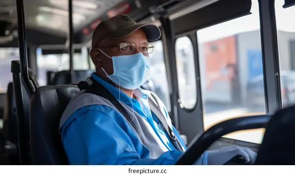 Black bus driver wearing a mask