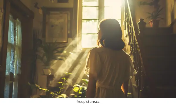 Woman Standing in Sunlit Hallway