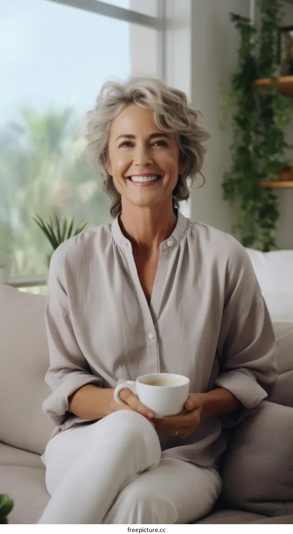 A smiling woman is sitting on a couch and holding a cup of coffee.