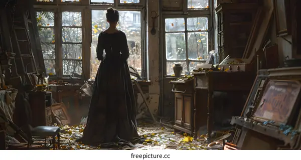Woman in Victorian dress standing in a room with large windows