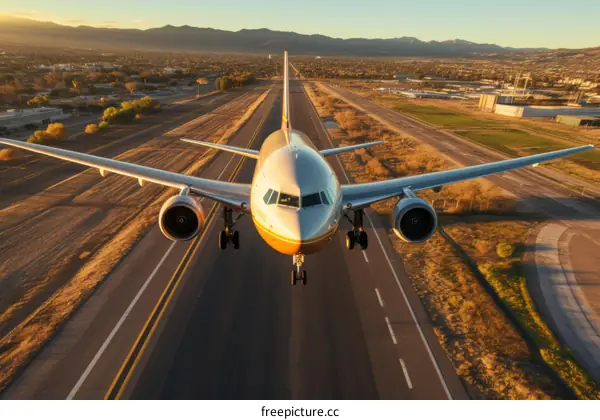 A jet airplane is landing on a runway at sunset with a mountain range in the distance