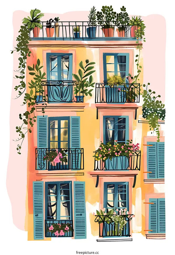 Colorful Balcony Illustration with Plants and Flowers