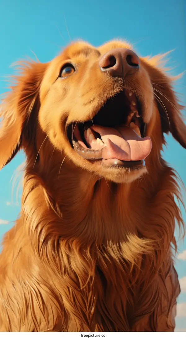 A golden retriever dog is looking up with its mouth open and tongue out.