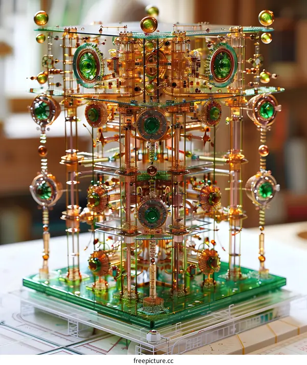 Intricate Glass Structure with Geometric Patterns and Green Gemstones