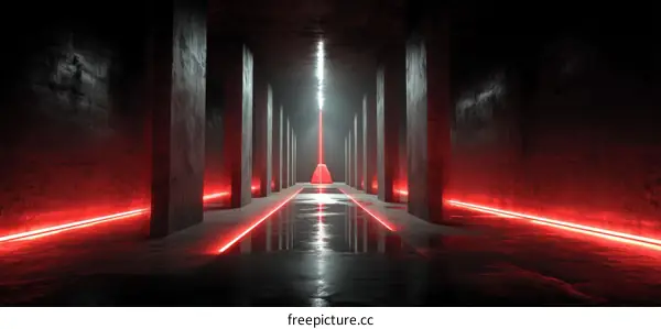 Futuristic Concrete Corridor with Red Neon Lights