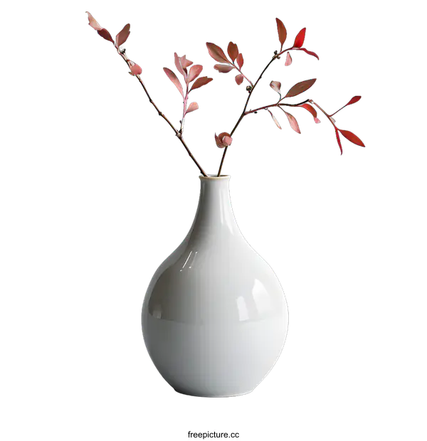 [Transparent Background PNG]White Porcelain Vase with Red Leaves