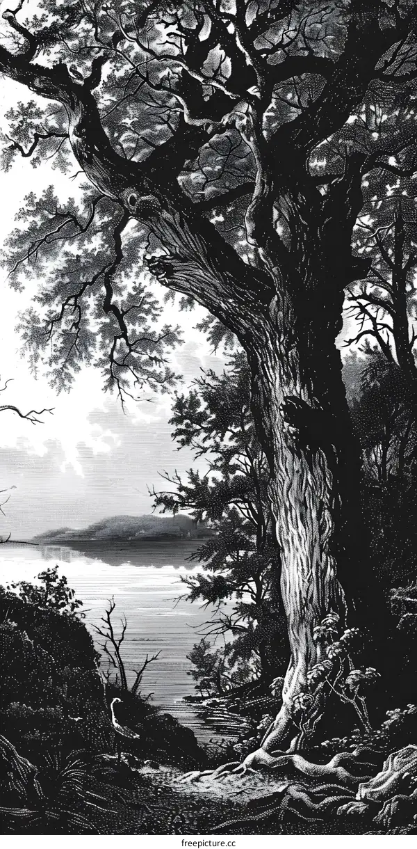 Black and White Illustration of a Tree by a Lake