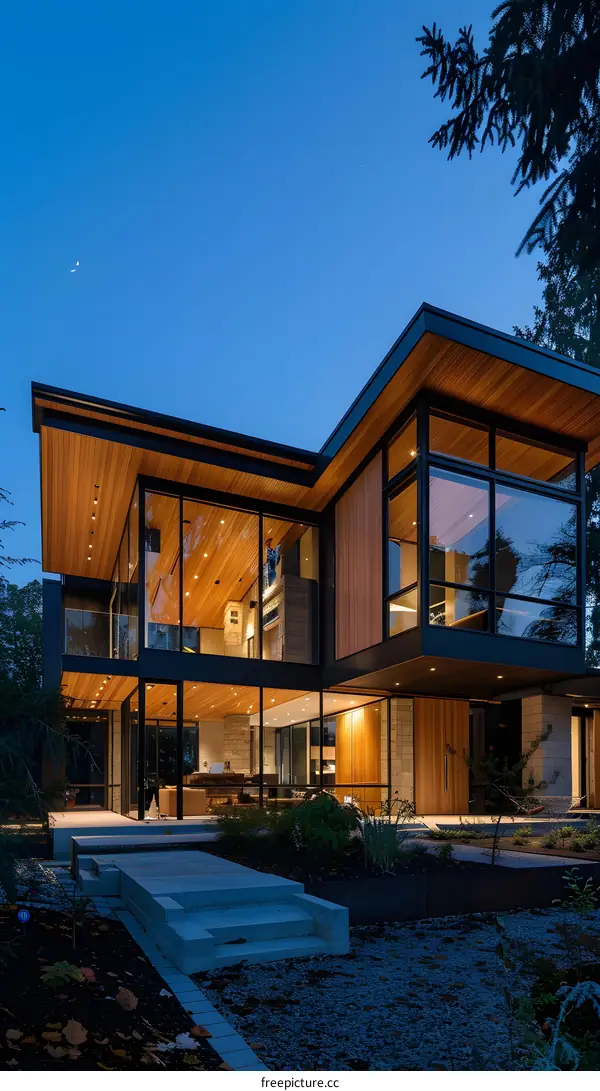 Modern House With Large Windows And Wooden Accents At Dusk