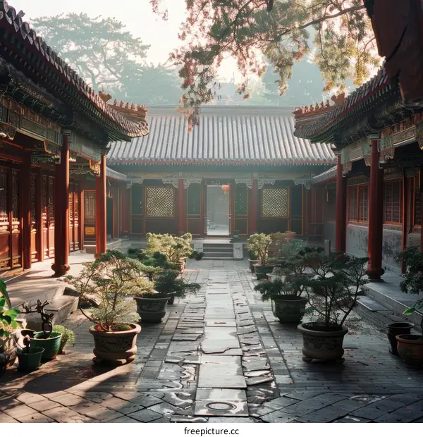 Courtyard with potted plants and traditional chinese architecture