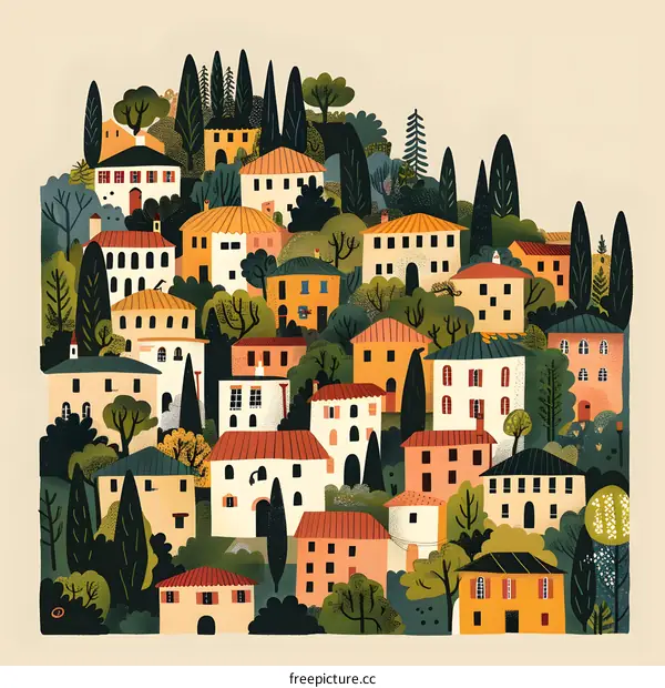 Colorful Houses in a Green Landscape Illustration