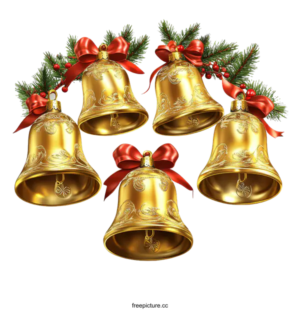 [Transparent Background PNG]Golden Christmas Bells with Red Ribbons