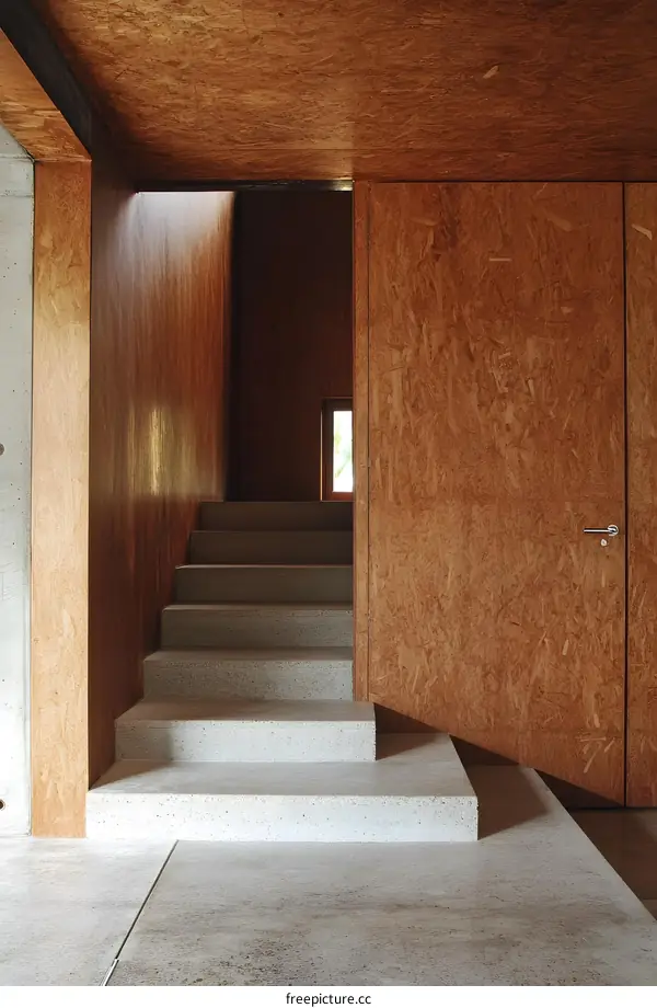 Wooden Panelled Interior Staircase With Concrete Steps