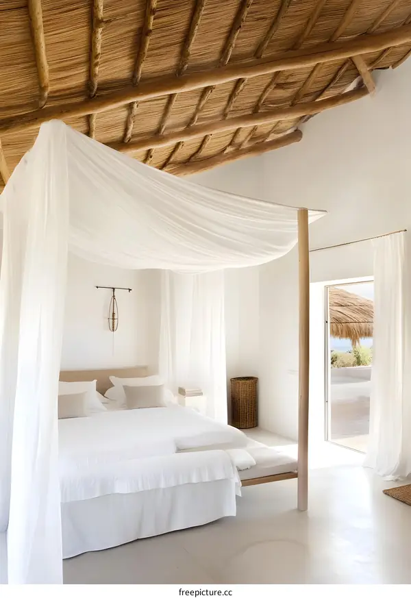 White Bedroom With Canopy Bed and Straw Ceiling