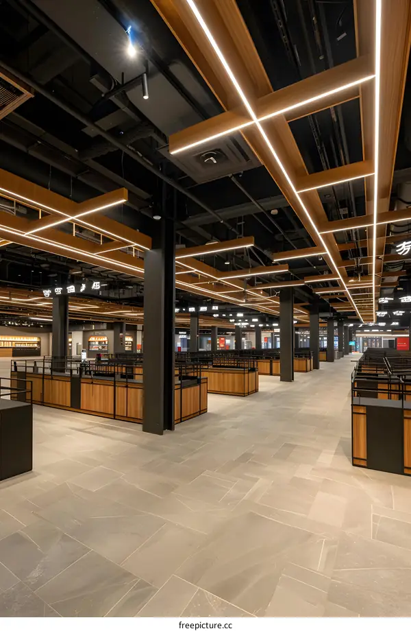 Modern Interior Design with Wooden Ceiling and Black Columns